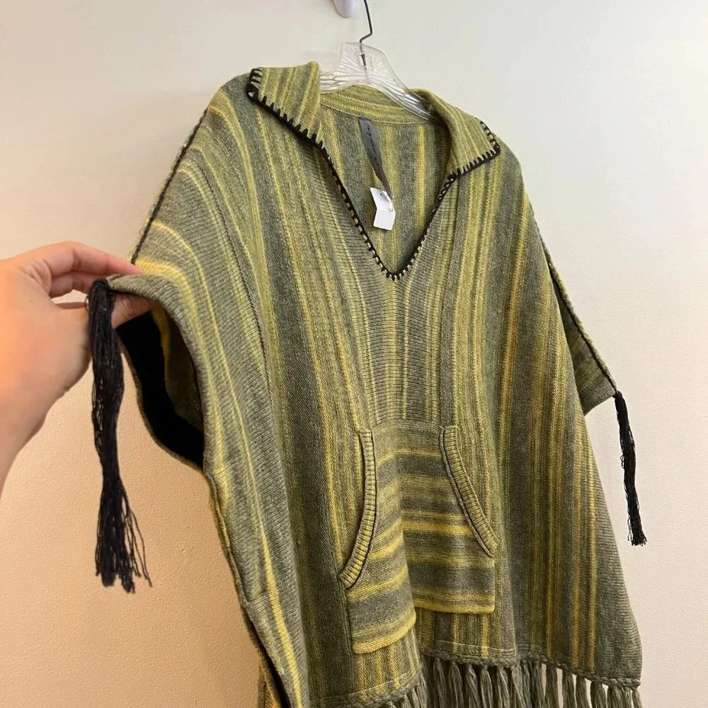 Raquel Allegra Wool Cashmere Knit Blend Fringe Bohemian Pullover Poncho Sweater